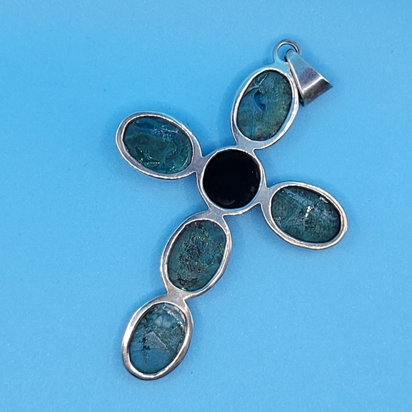Vintage Sterling Turquoise and Onyx Cross Pendant - Picture 6 of 6